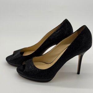 Jimmy Choo Crown Coarse Glitter Open Toe Pump Black, 40